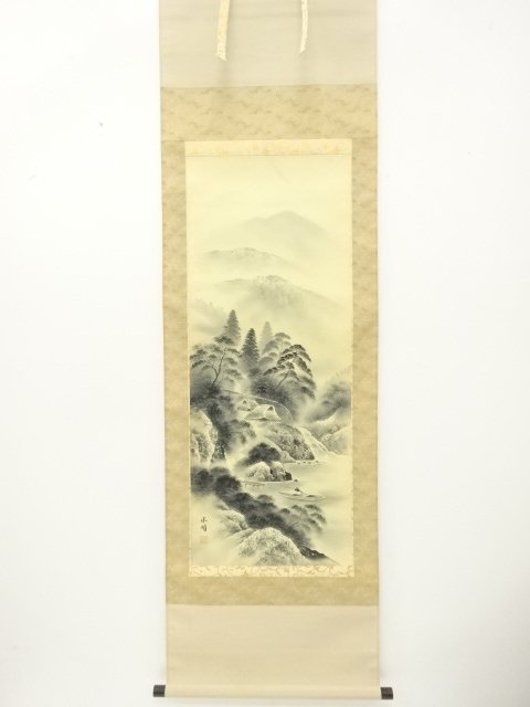 石川水明筆　水墨山水　肉筆絹本掛軸